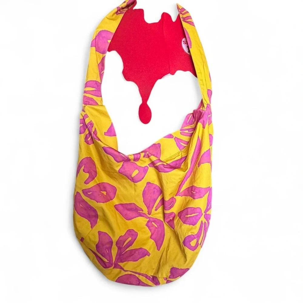 Lost Pattern Beach Blossom Hobo Crossbody Bag Yellow Pink Floral Cotton